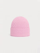 The Seamless Cashmere Ribbed Beanie in Light Pink, side view