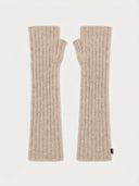 Flat lay of the Cashmere Rib-Knit Fingerless Gloves in Natural Beige, showing thumb openings and long ribbed cuffs