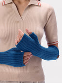 Model wearing the Cashmere Rib-Knit Fingerless Gloves in Bright Blue, close front view