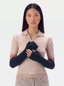 Model wearing the Cashmere Rib-Knit Fingerless Gloves in Navy, front view