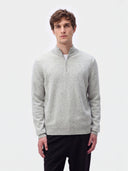 Model wearing the Essential Cashmere Half-Zip Sweater in Steel Silver, front view