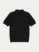 A black short-sleeve knit polo shirt with a three-button placket, displayed flat against a light gray background.