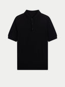 Black polo shirt on a white background.