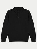A black long-sleeve polo sweater with a three-button placket, displayed flat against a light gray background.