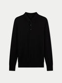 A black long-sleeve knit polo sweater with a three-button placket, displayed flat against a light gray background.