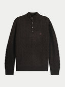 A dark brown cable-knit sweater with a short button placket and a small embroidered logo on the chest, displayed on a light gray background.