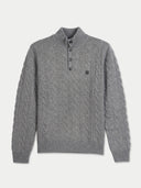 A gray cable-knit mock-neck sweater with a three-button placket and a small embroidered circular logo on the left chest, displayed on a light gray background.