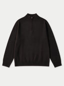 A black long-sleeve quarter-zip mock neck sweater, laid flat against a light gray background.
