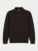 A dark brown long-sleeve knit polo sweater with a three-button placket, displayed flat against a light gray background. The brand name 'GOBI' is visible on the inner neck label.