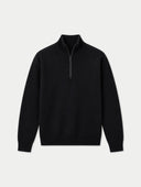 A black long-sleeve quarter-zip knit sweater with a ribbed mock neck, cuffs, and hem, displayed on a light gray background.