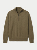An olive brown half-zip knit sweater with a ribbed mock neck, cuffs, and hem, displayed on a light gray background.