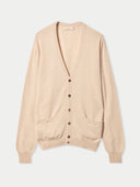 Beige v-neck cardigan with buttons, pockets on a light gray background #color_beige
