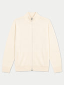 A cream-colored zip-up jacket with a stand-up collar, long sleeves, and side pockets, displayed flat against a light gray background.