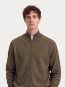Timeless Full-Zip Cashmere Cardigan in Olive Green, worn by a model
