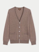 Brown v-neck cardigan with button details on a light gray background #color_taupe
