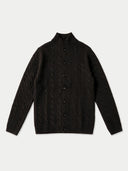 A dark brown cable-knit cardigan sweater with a mock neck and button-up front, displayed flat against a light gray background.