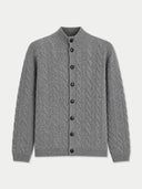 A gray cable-knit cardigan sweater with a stand collar and dark buttons, shown flat against a light gray background.