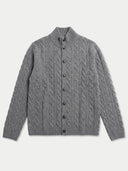 A gray cable-knit cardigan sweater with a mock neck and dark buttons, displayed flat against a light gray background.