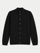 A black cable-knit cardigan sweater with a stand collar and dark buttons, displayed flat against a light gray background.
