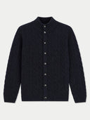 navy cable knit cardigan with buttons.