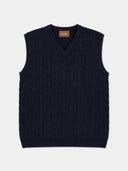 Flat lay of the Cashmere Cable-Knit V-Neck Vest in Navy