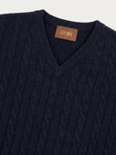 Close-up of the Cashmere Cable-Knit V-Neck Vest in Navy, showing the cable knit, the ribbed V-neck and the GOBI label