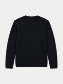 A black long-sleeve crewneck knit sweater with rolled edges at the neckline, cuffs and hem, shown flat against a light gray background.