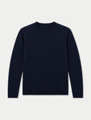 A navy blue long-sleeve crewneck knit sweater with rolled edges at the neckline, cuffs and hem, shown flat against a light gray background.