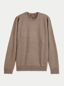 A taupe-brown long-sleeve knit sweater with a crew neck, laid flat against a light gray background. A brown leather-like neck label with the brand name 'GOBI' is visible inside the collar.
