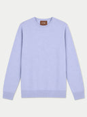 A light lavender crewneck sweater with long sleeves and ribbed cuffs and hem, displayed flat against a light beige background. A brown brand label reading 'GOBI' is visible inside the collar.