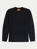 A black cable-knit crewneck sweater with a brown GOBI brand label on the inner collar, displayed flat against a light gray background.