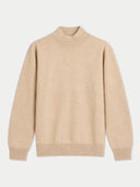 A light beige knit mock neck sweater with long sleeves and ribbed cuffs and hem, displayed flat against a light gray background.