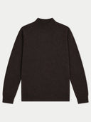 flat lay of a dark brown mock neck sweater on a light gray background.