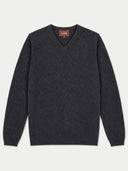 A dark charcoal gray v-neck knit sweater with long sleeves, laid flat against a light gray background. The brand name 'GOBI' is visible on the inner neck label.