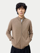 Man wearing a brown zip-up sweater against a white background. #color_taupe