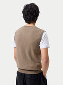 back view of Person wearing a brown vest over a white shirt on a light gray background #color_taupe