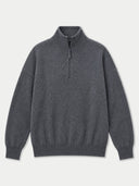 A dark gray half-zip knit sweater with a mock neck collar, ribbed cuffs, and a ribbed hem, displayed flat against a light gray background.