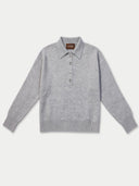 A light gray knit polo sweater with a three-button placket, laid flat against a light gray background. A small brown brand label reading 'GOBI' is visible inside the collar.
