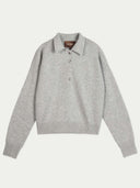 A light gray knit polo sweater with a three-button placket, laid flat against a light off-white background. The brand name 'GOBI' is visible on the inner neck label.