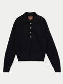 A dark navy blue knit polo sweater with a buttoned placket and a brown Gobi brand label at the collar, displayed flat against a light gray background.