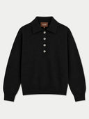 A black knit polo sweater with a five-button placket, displayed flat against a light gray background. The brand name 'GOBI' is visible on the inner neck label.