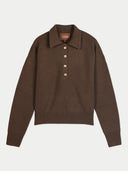 A dark brown knit polo sweater with a five-button placket, laid flat against a light gray background. The brand name 'GOBI' is visible on the inner neck label.