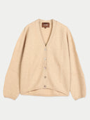 A light beige knit cardigan sweater with a V-neck, long sleeves, and a button-up front, displayed flat against a light gray background. The brand label 'GOBI' is visible at the collar.