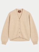 A beige knit cardigan sweater with a V-neck, button-up front, and ribbed cuffs and hem, shown flat on a light gray background. The brand name 'GOBI' is visible on the inner neck label.
