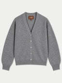 A gray knit cardigan sweater with a V-neck, button-front closure, and ribbed cuffs and hem, shown flat against a light gray background. A brown neck label reads GOBI.
