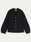 A black knit cardigan sweater with a V-neck, long sleeves, and a button-up front, displayed flat against a light gray background. A brown brand label reading 'GOBI' is visible inside the collar.