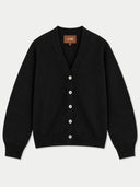 A black knit cardigan sweater with a V-neck, long sleeves, and a button-up front, shown flat against a light gray background. A brown brand label reading 'GOBI' is visible inside the collar.