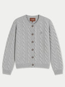 A light gray cable-knit cardigan sweater with brown buttons, shown flat against a light gray background. The brand name 'GOBI' is visible on the inner neck label.