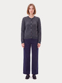 Cashmere Cable-Knit Crewneck Cardigan in black, worn by a model