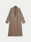 A long, open-front shawl-collar coat in a warm taupe-brown color, displayed flat against a light off-white background.